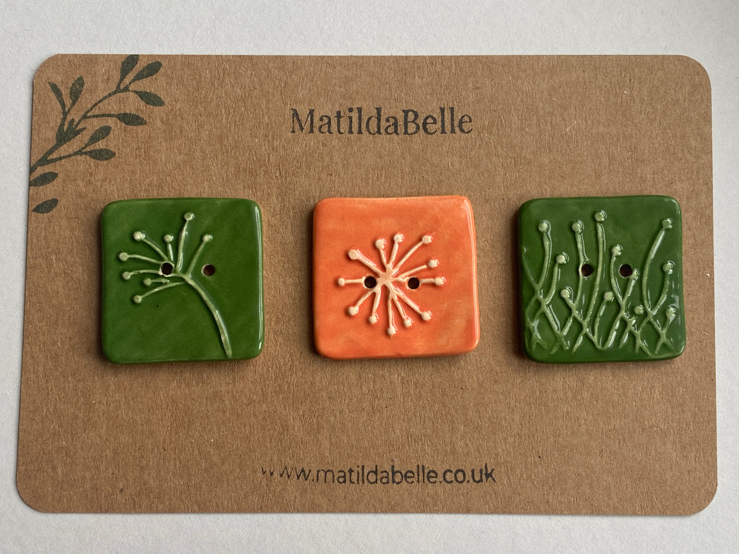 35mm Set of 3 Square Botanical Clay Buttons  Forest Green & Orange