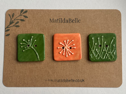35mm Set of 3 Square Botanical Clay Buttons  Forest Green & Orange