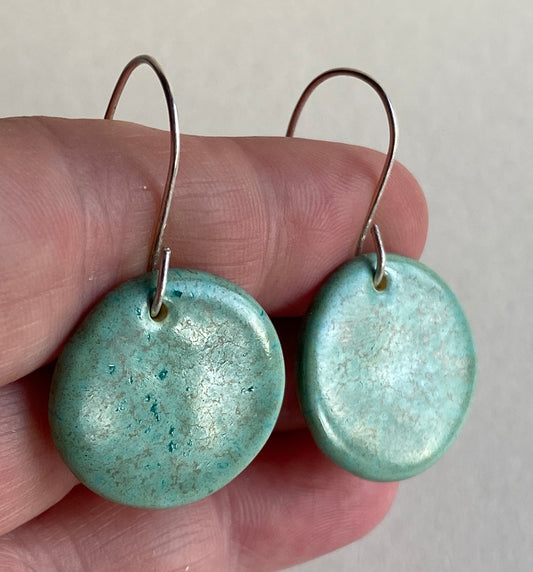 Ceramic rounds  Dangle Earrings - Green gold glaze