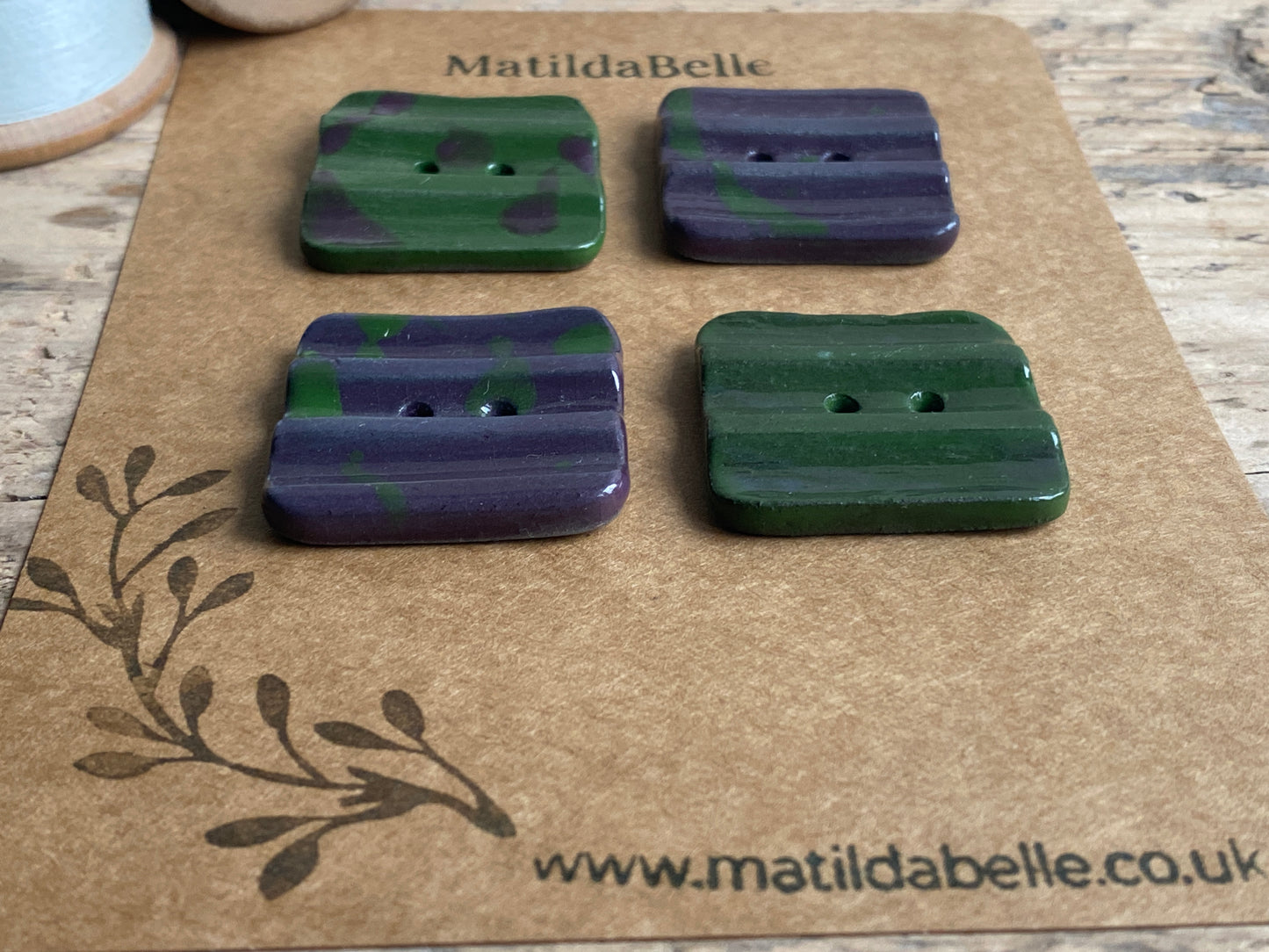 Set of 4 square 30mm Stoneware Buttons rippled Purple and Green Camo