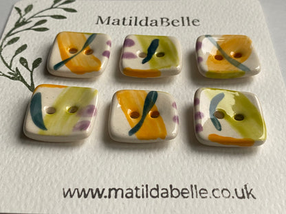 20mm set of Six square handmade Buttons lime / orange
