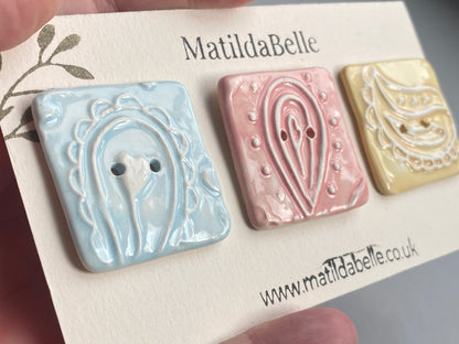 Handmade set of 3 Ceramic 35mm square Buttons Whimsical design Pretty Pastels