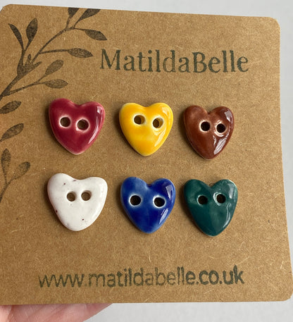 Handmade Ceramic tiny Heart Button 15mm , Mixed Set of 6
