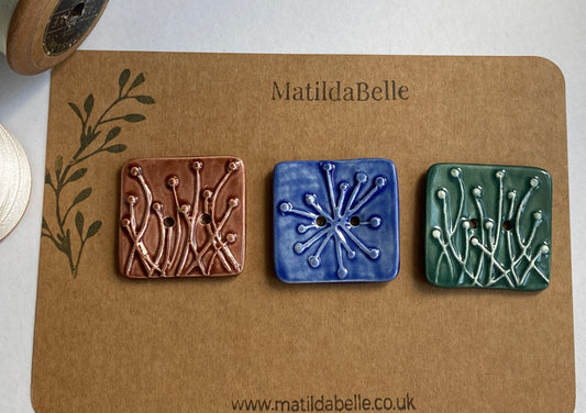 35mm Set of 3 Square Botanical Clay Buttons mixed colours- 35mm  -