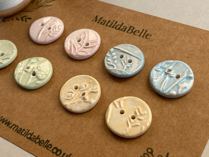 Ceramic Handmade buttons set of Eight pastel botanical 22mm