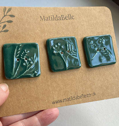 35mm Set of 3 Square Botanical Clay Buttons Green- 35mm  -