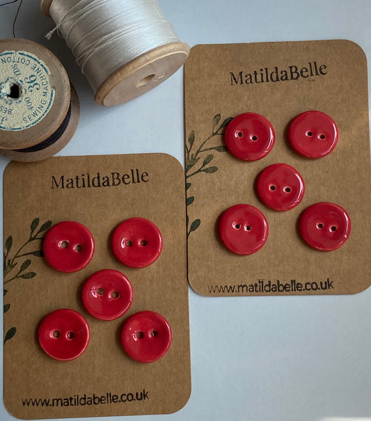 Buttons set of 5 Red Round 20mm Handmade Ceramic Buttons, choice of buttonhole size