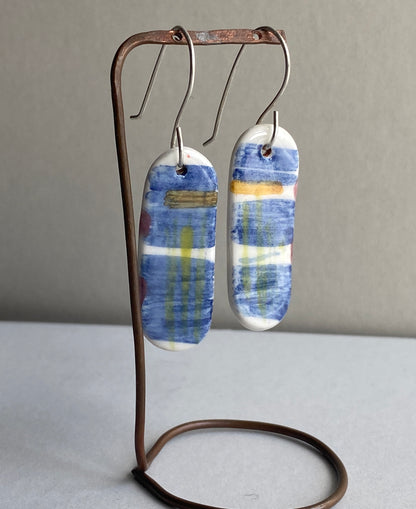 Ceramic painterly Dangle Earrings - Blues - Hung on handmade silver wires