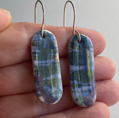 Ceramic painterly Dangle Earrings - Blues - Hung on handmade silver wires