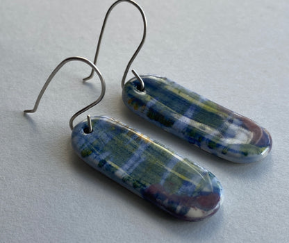 Ceramic painterly Dangle Earrings - Blues - Hung on handmade silver wires