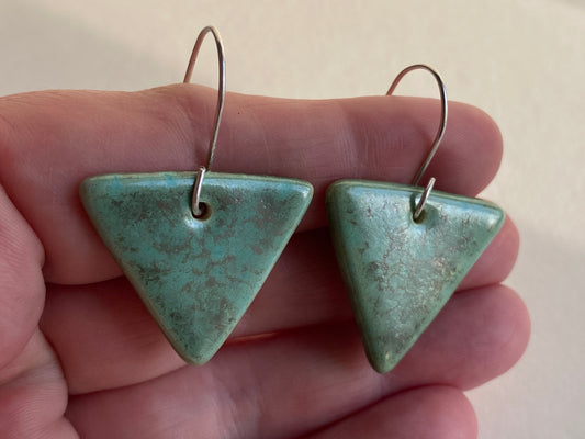 Ceramic Triangle  Dangle Earrings - Green gold glaze