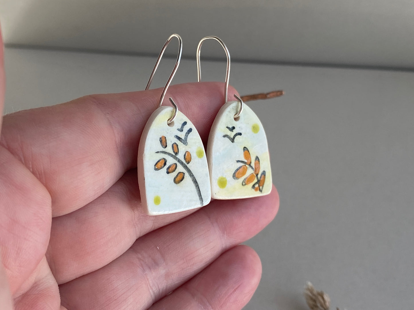 Handmade Ceramic Botanical Drop earrings Sterling Silver