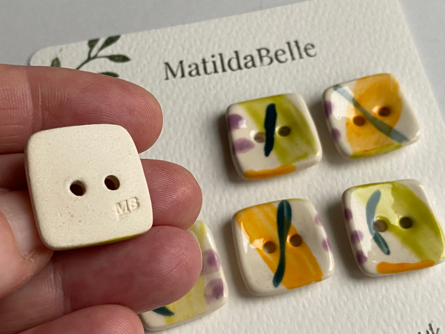 20mm set of Six square handmade Buttons lime / orange