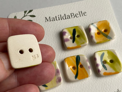 20mm set of Six square handmade Buttons lime / orange