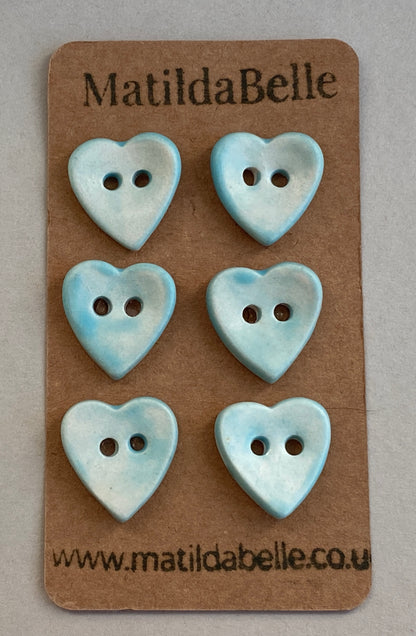 Buttons set of six Hearts 18mm handmade ceramic buttons Turquoise