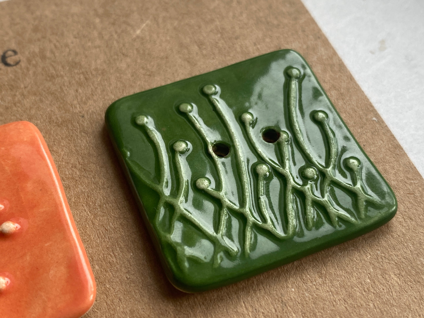 35mm Set of 3 Square Botanical Clay Buttons  Forest Green & Orange