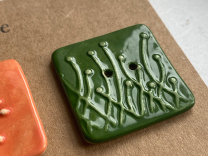 35mm Set of 3 Square Botanical Clay Buttons  Forest Green & Orange
