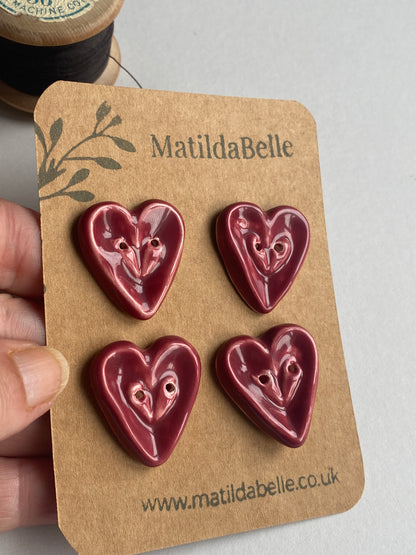 26mm Set of 4 Extra Large Heart Buttons 26mm- Red or Wine Glaze