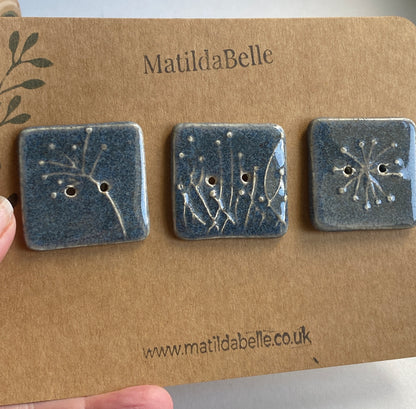 35mm Set of 3 Square Botanical Clay Buttons Heather- 35mm  -