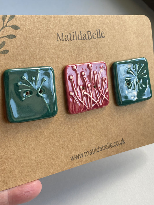 35mm Set of 3 Square Botanical Clay Buttons Green and Wine- 35mm  -