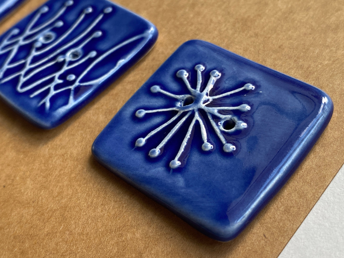 35mm Set of 3 Square Botanical Clay Buttons Navy Blue- 35mm  -