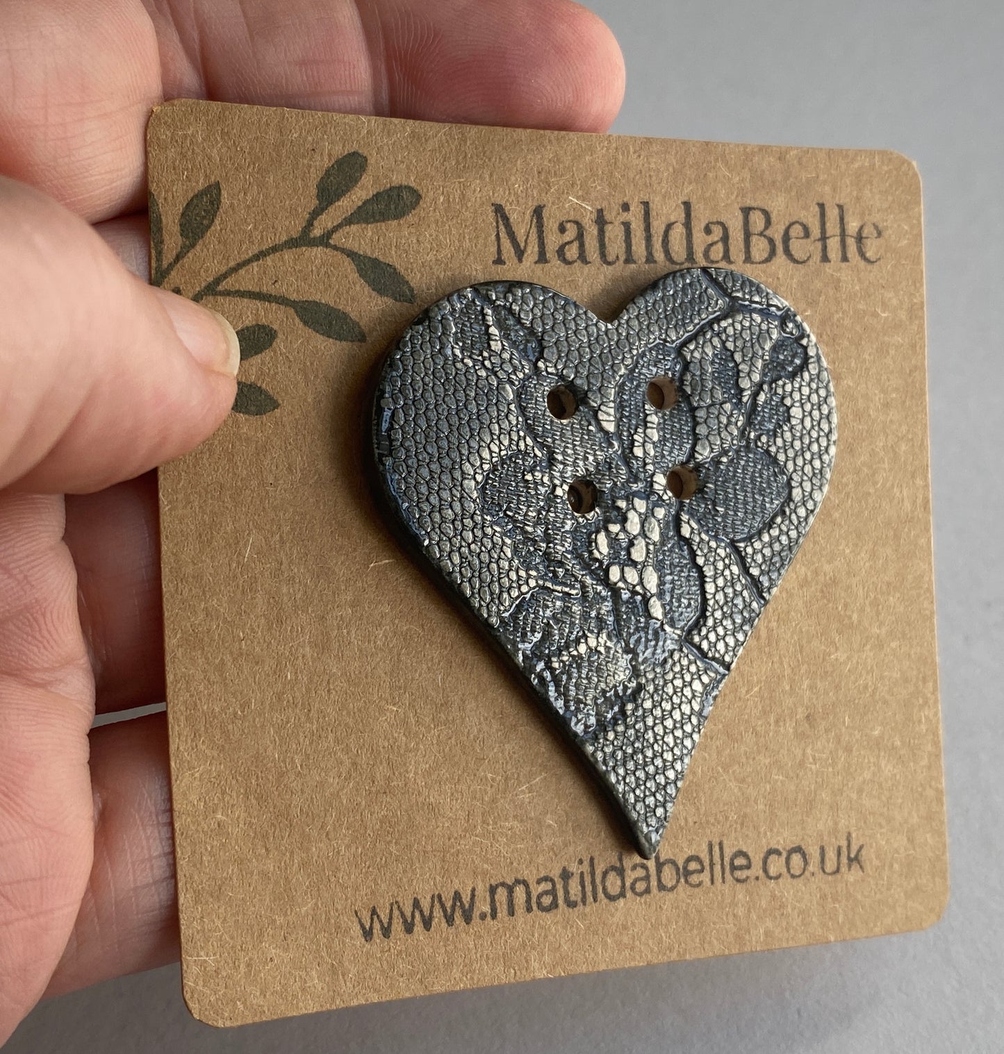 Extra Large handmade Heart Ceramic Button Vintage Black Lace 55mm