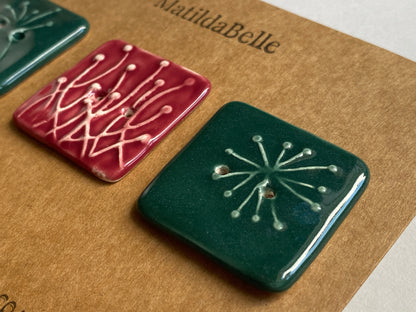 35mm Set of 3 Square Botanical Clay Buttons Green and Wine- 35mm  -