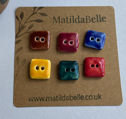 Handmade Ceramic tiny Square Buttons 15mm , Mixed Set of 6