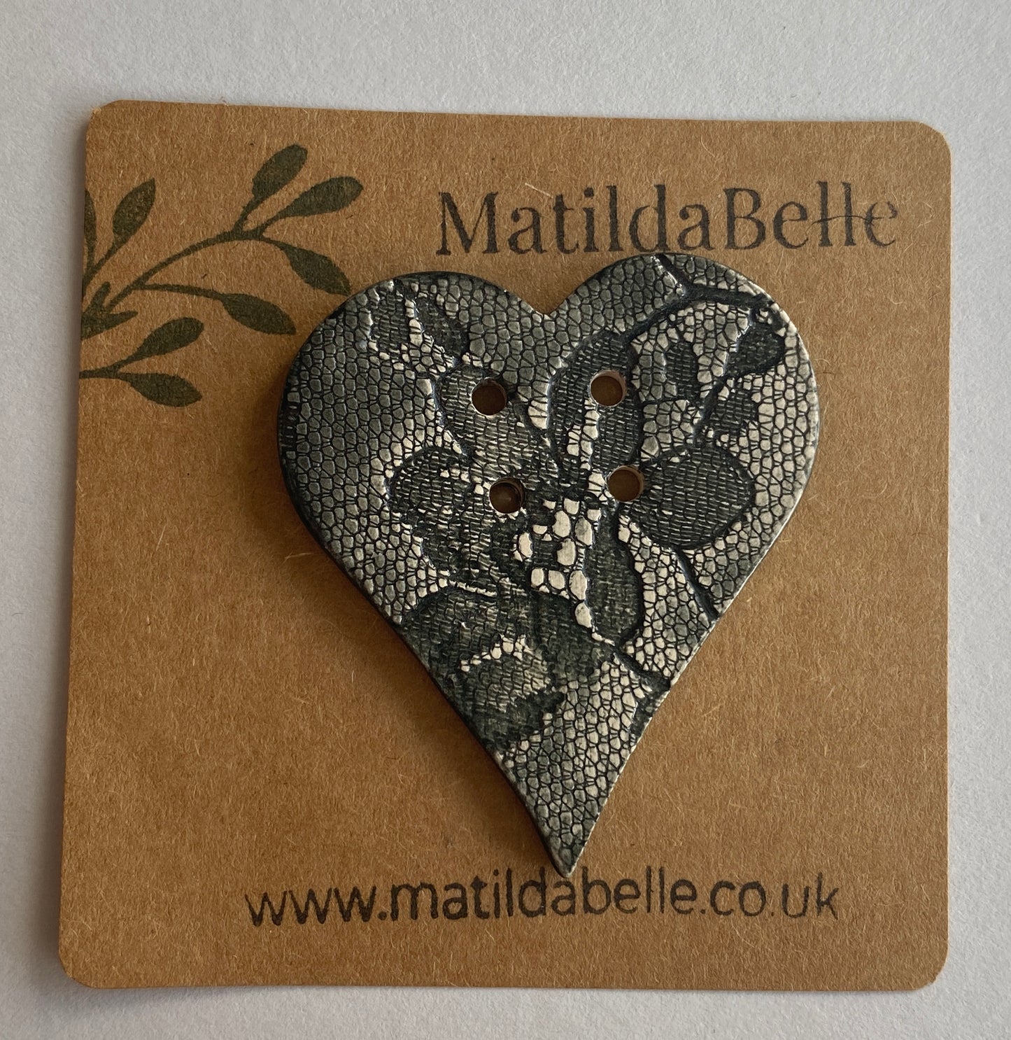 Extra Large handmade Heart Ceramic Button Vintage Black Lace 55mm