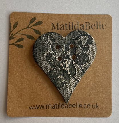 Extra Large handmade Heart Ceramic Button Vintage Black Lace 55mm