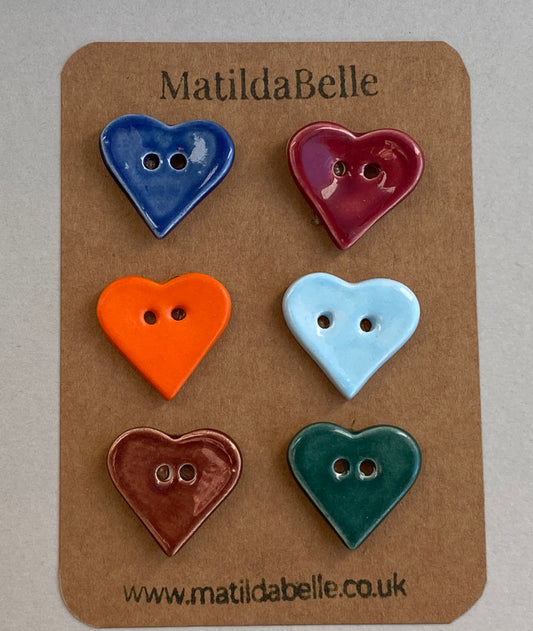 Buttons set of six Hearts 24mm handmade ceramic buttons mixed colours