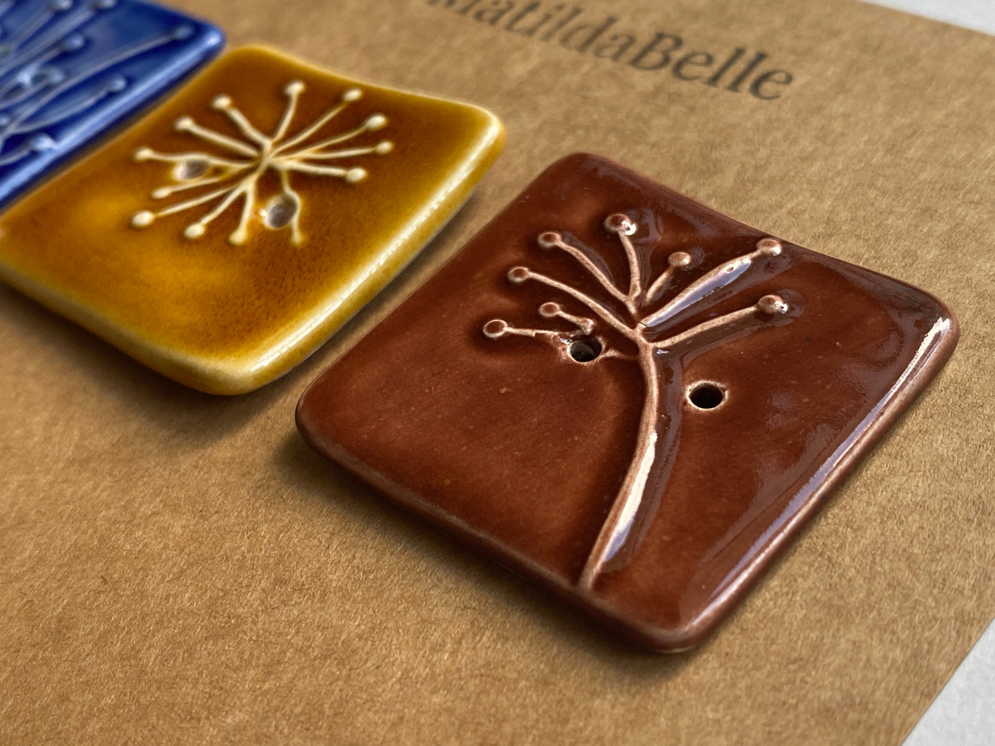 35mm Set of 3 Square Botanical Clay Buttons mixed colours- 35mm  -