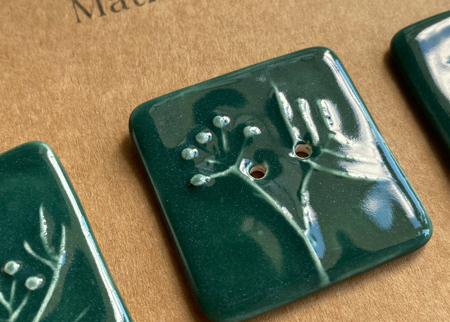 35mm Set of 3 Square Botanical Clay Buttons Green- 35mm  -