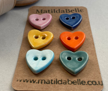 Buttons set of six Hearts 18mm handmade ceramic buttons mixed colours