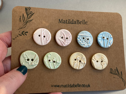 Ceramic Handmade buttons set of Eight pastel botanical 22mm