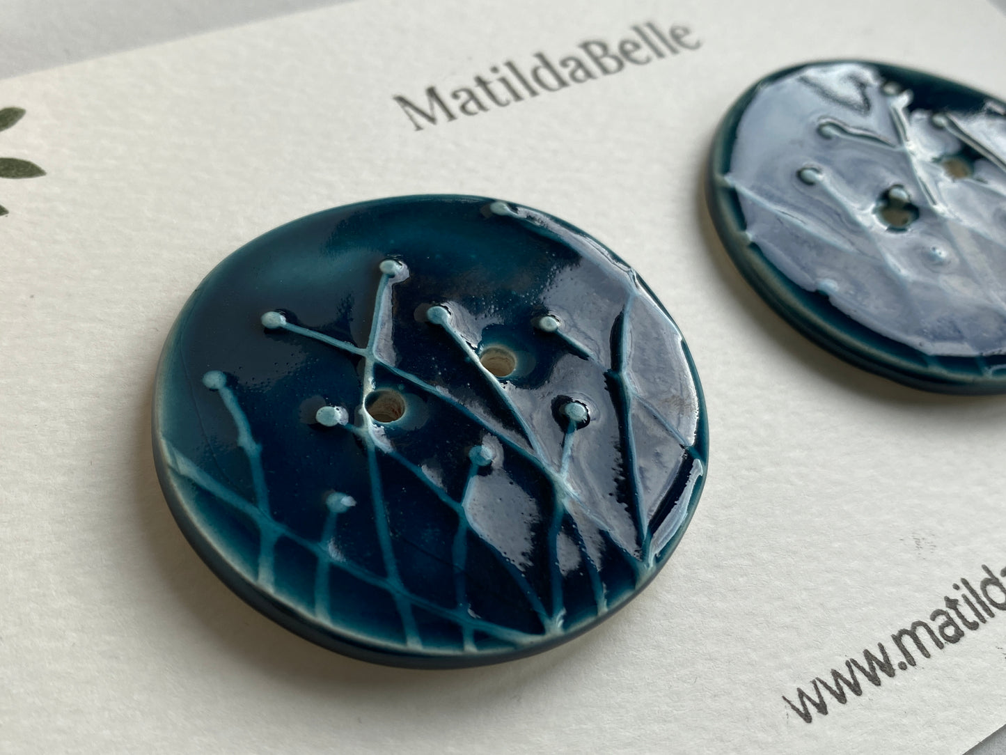 Large Pair of Botanical Handmade Buttons 46mm Rich Blue