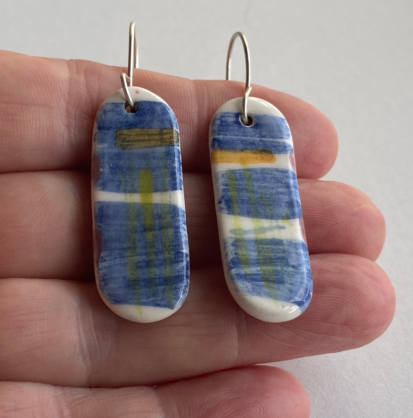 Ceramic painterly Dangle Earrings - Blues - Hung on handmade silver wires