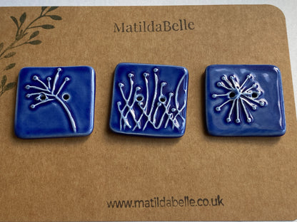 35mm Set of 3 Square Botanical Clay Buttons Navy Blue- 35mm  -
