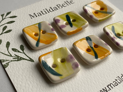 20mm set of Six square handmade Buttons lime / orange