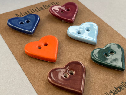 Buttons set of six Hearts 24mm handmade ceramic buttons mixed colours