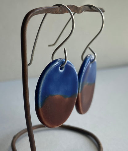 Ceramic Oval Dangle Earrings - Navy Blue and Chocolate