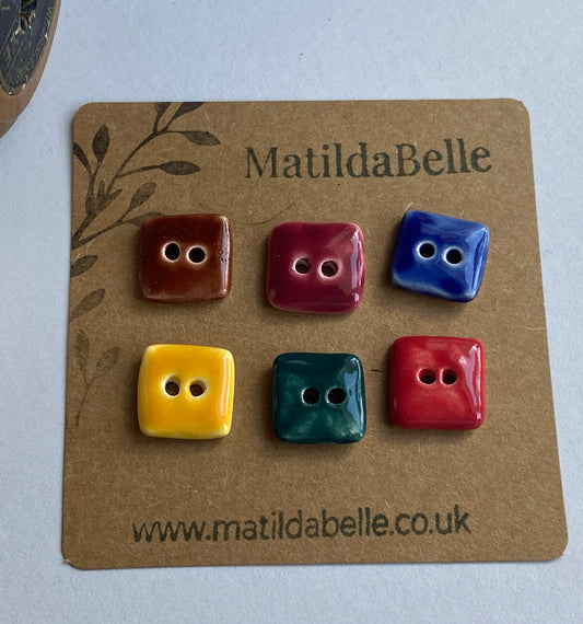 Buttons handmade ceramic 16mm set of Six square tiny buttons mixed colours