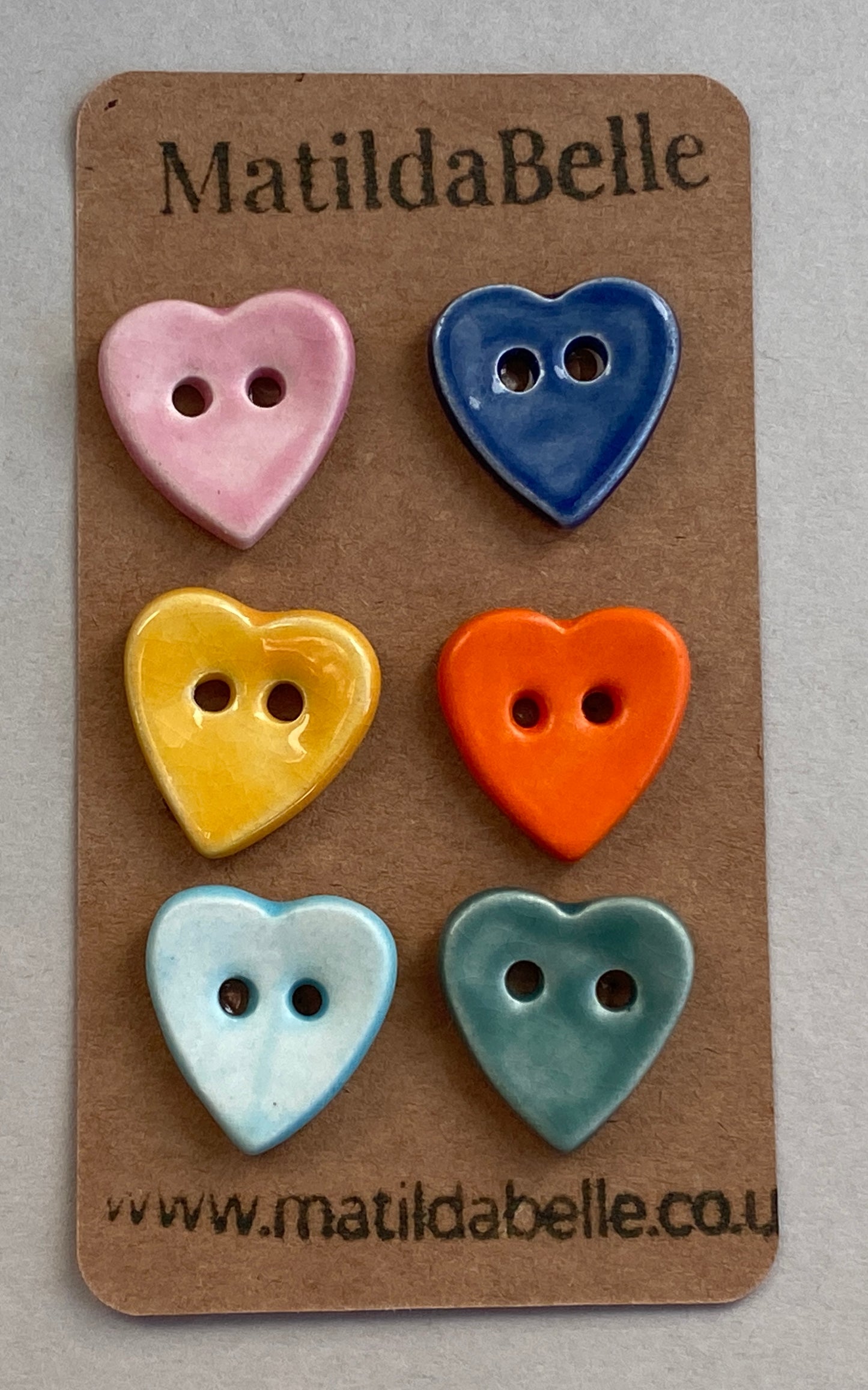 Buttons set of six Hearts 18mm handmade ceramic buttons mixed colours