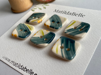 20mm set of Six square handmade Buttons Teal