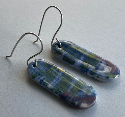 Ceramic painterly Dangle Earrings - Blues - Hung on handmade silver wires