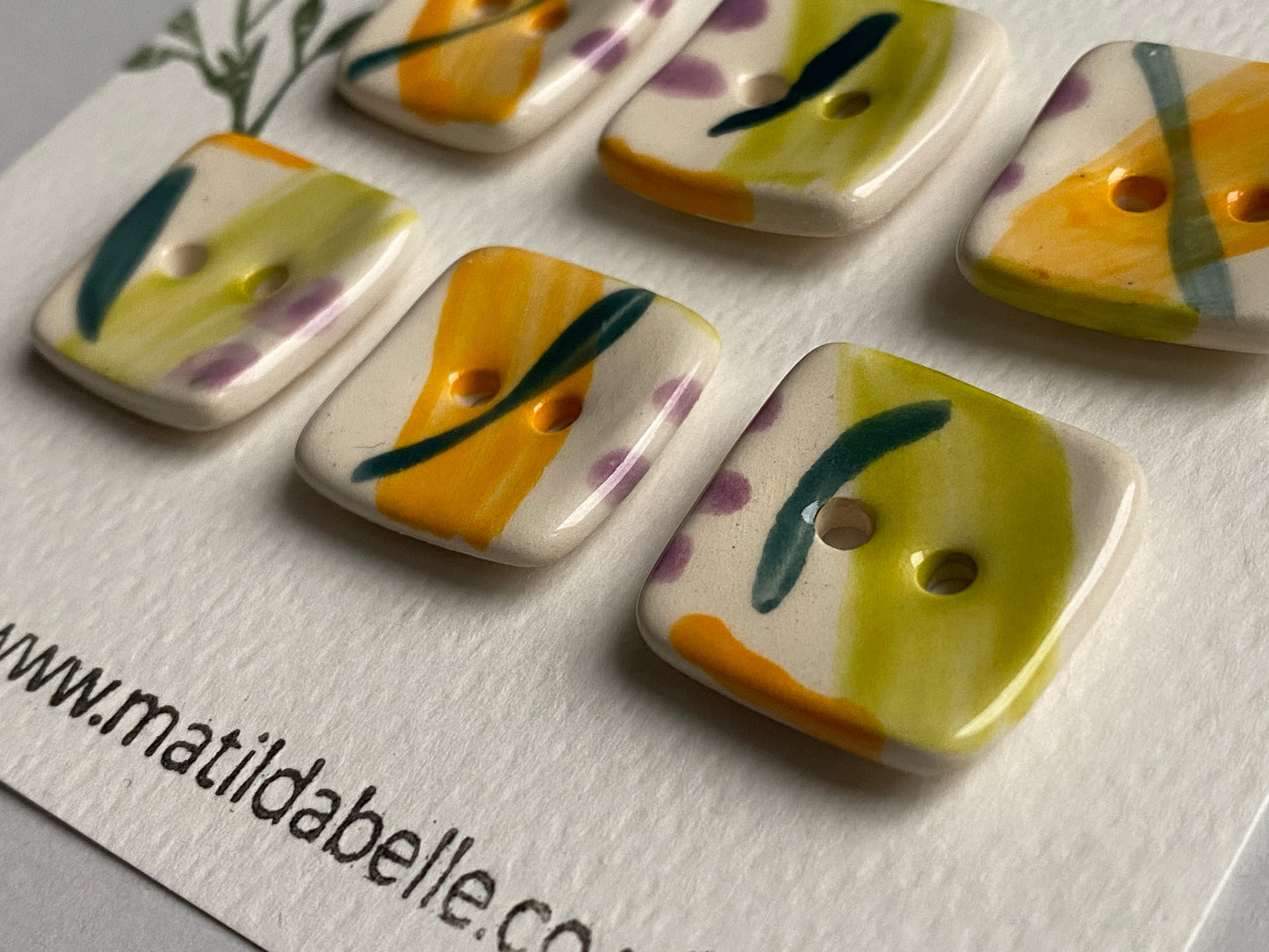 20mm set of Six square handmade Buttons lime / orange