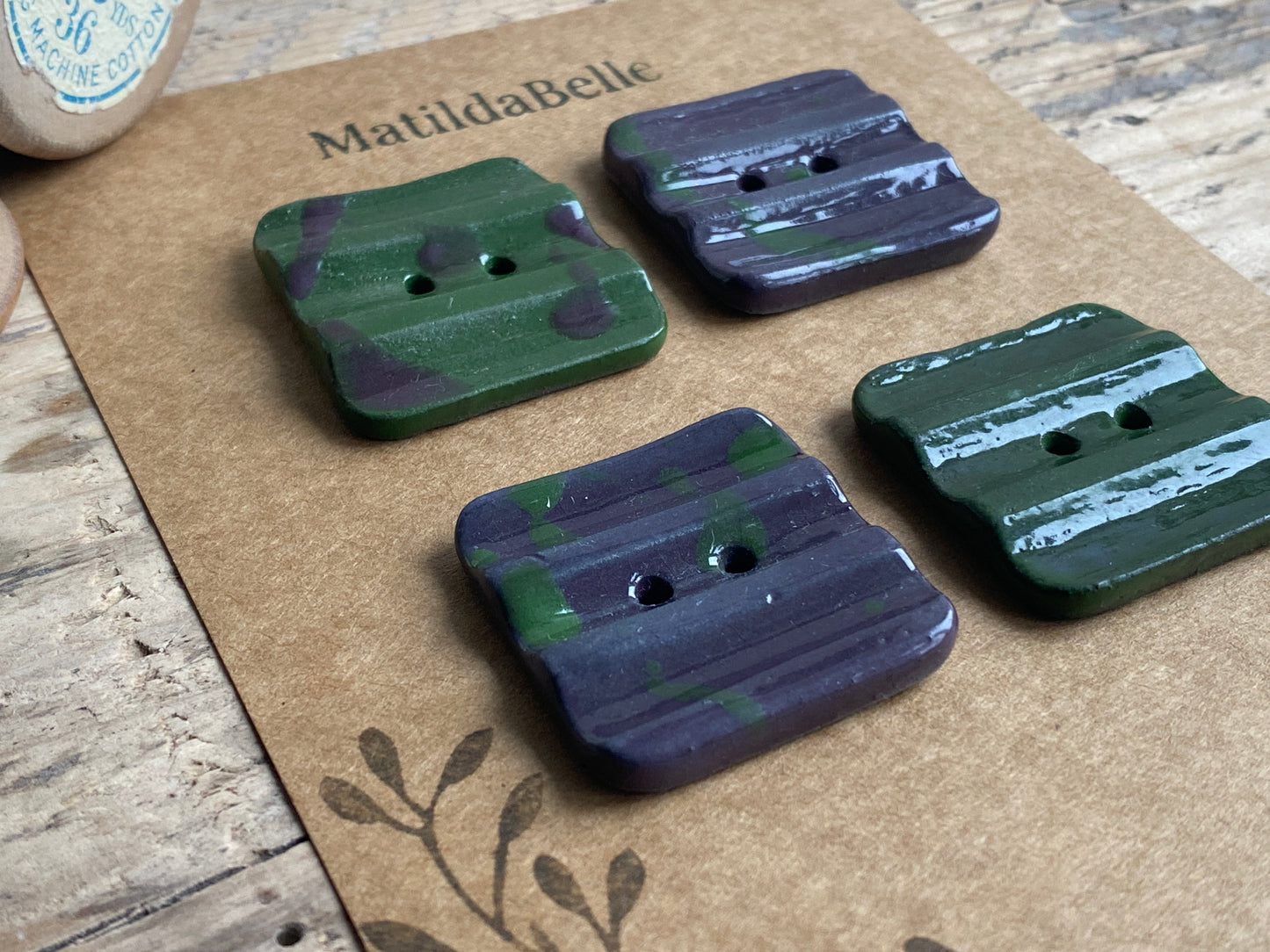 Set of 4 square 30mm Stoneware Buttons rippled Purple and Green Camo