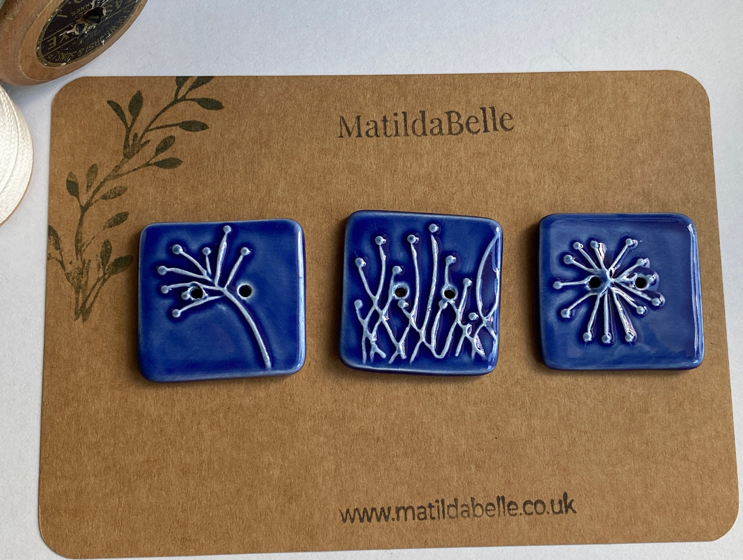 35mm Set of 3 Square Botanical Clay Buttons Navy Blue- 35mm  -