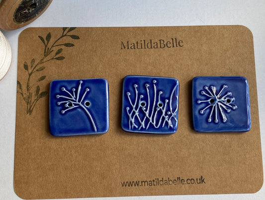 35mm Set of 3 Square Botanical Clay Buttons Navy Blue- 35mm  -