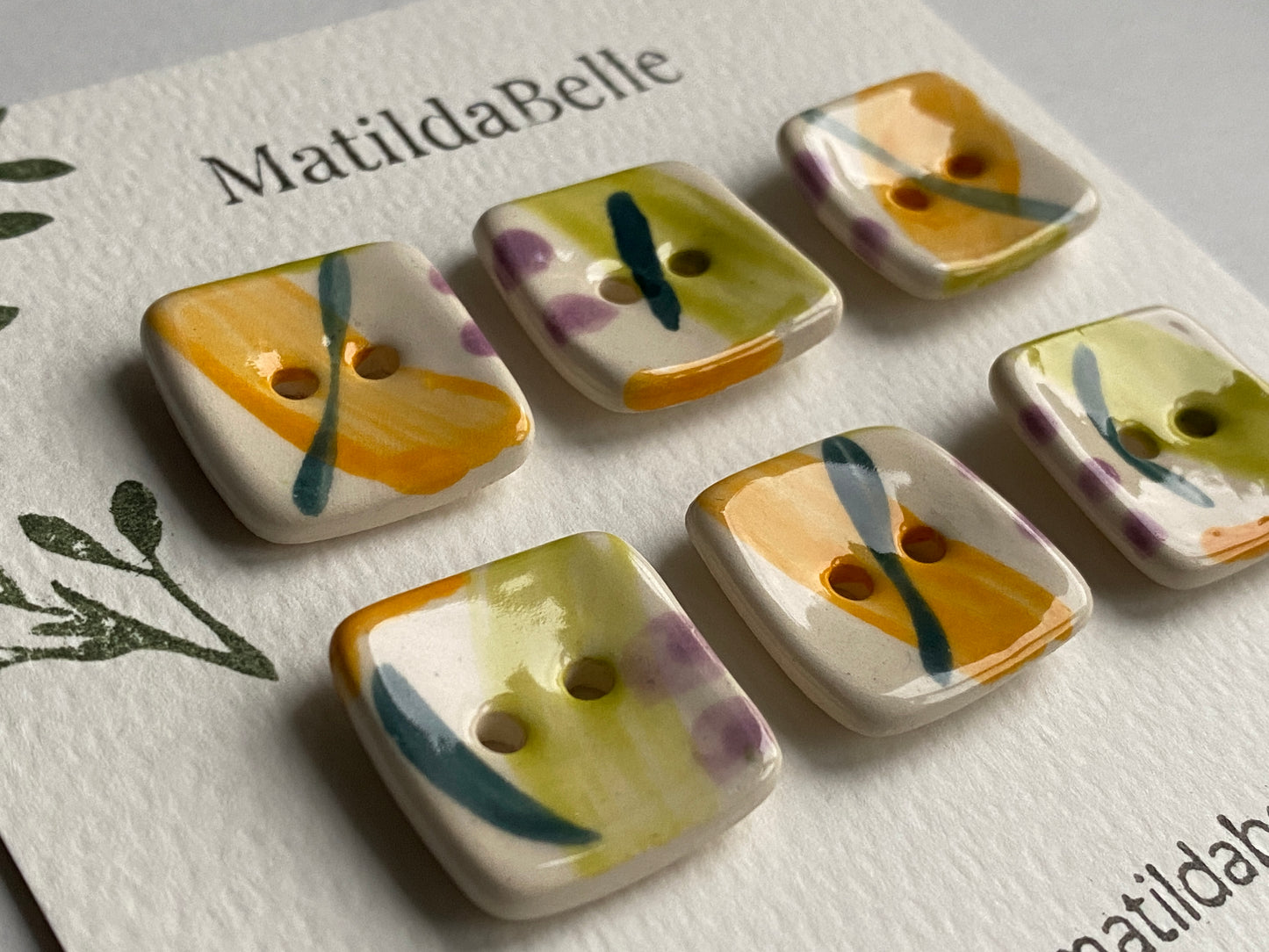 20mm set of Six square handmade Buttons lime / orange